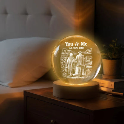Old Couple Walking Growing Old Together - Personalized Crystal Ball LED Night Light, Heartfelt Valentine's Day Gift For Couple, For Him, For Her