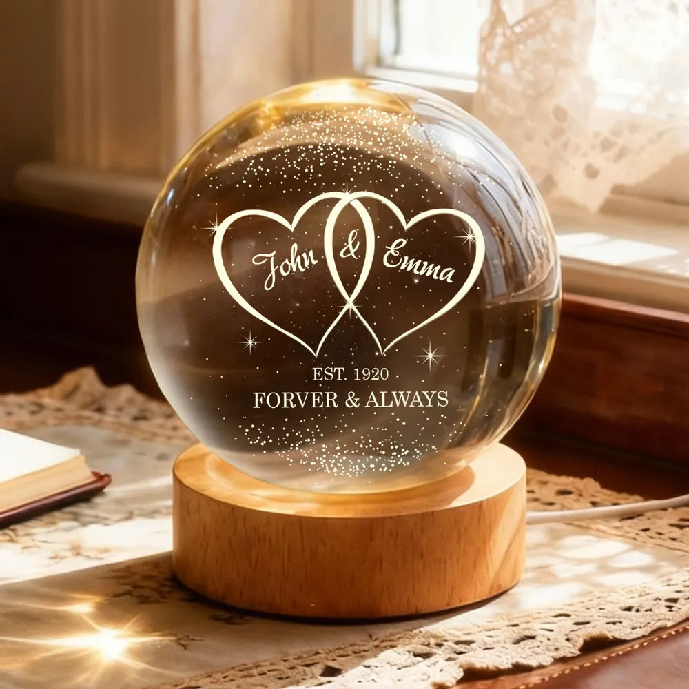Couple Hearts Interlocked - Personalized Crystal Ball LED Night Light - Heartfelt Valentine's Day Gift for Her, for Him