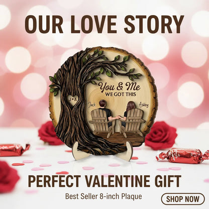 Couple Sitting Under Heart Carved Tree - Personalized 2-Layered Wooden Plaque - Valentine's Day Gift For Couple