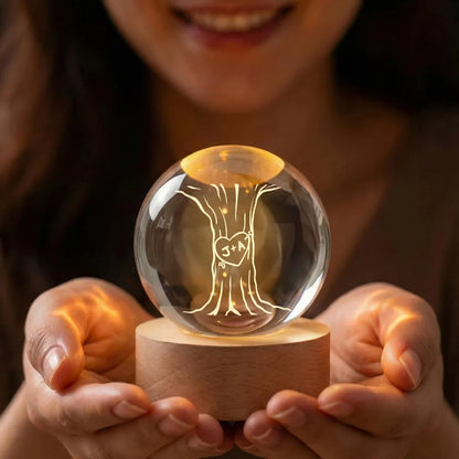 Eternal Love Couple Initial Names Heart Carved Tree - Personalized Crystal Ball LED Night Light - Valentine's Day Gift For Couple