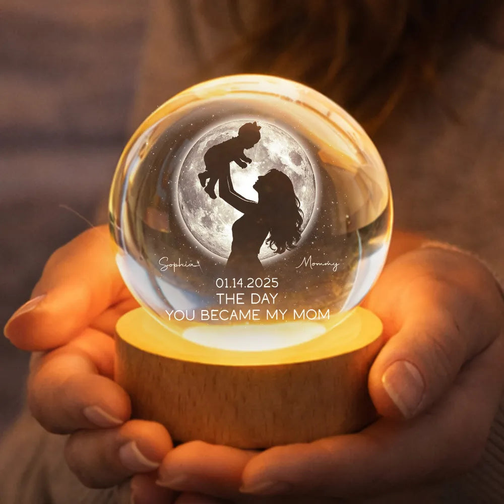 Mom Hugging Kid, The Day You Became My Mom Custom Moon Phase by Date - Personalized Crystal Ball LED Night Light - Mother's Day Gift for Mom