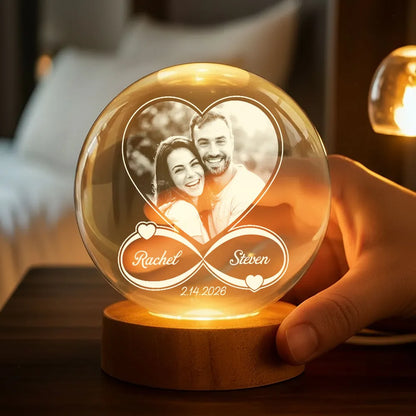 Eternal Love Custom Couple Photo Inside Infinity Heart - Personalized Crystal Ball LED Night Light - Valentine's Day Gift For Couple, For Her, For Him