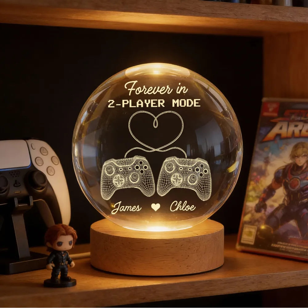 Forever In 2-Player Mode Game Controllers - Personalized Crystal Ball LED Night Light - Gamer Couple Gift
