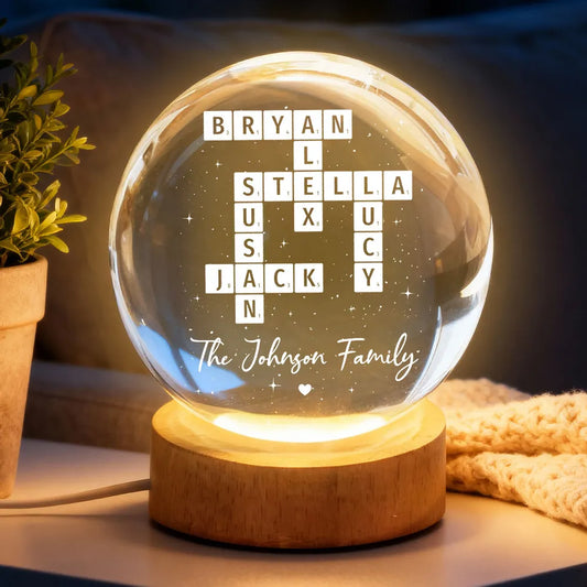 The Family Puzzle Crossword Art Home Decor - Personalized Crystal Ball LED Night Light