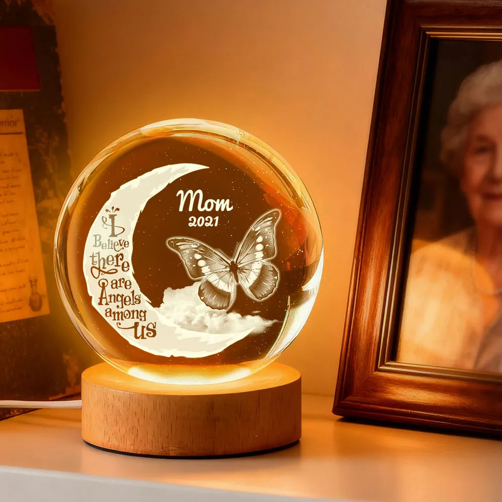 We Believe There're Angels Among Us - Personalized Crystal Ball LED Night Light - Heartfelt Remembrance Memorial Keepsake