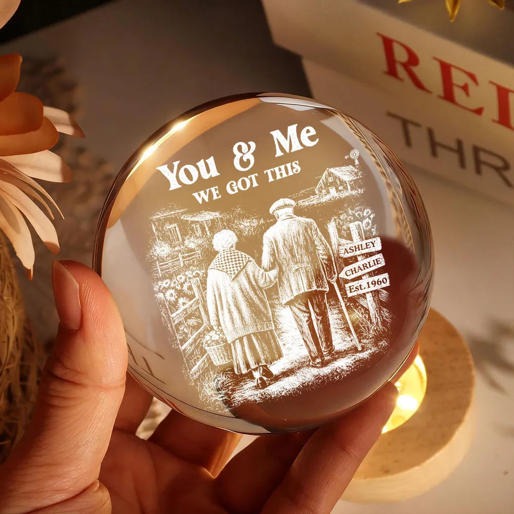 Old Couple Walking Growing Old Together - Personalized Crystal Ball LED Night Light, Heartfelt Valentine's Day Gift For Couple, For Him, For Her