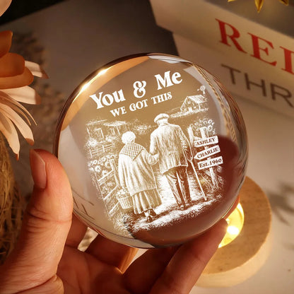 Old Couple Walking Growing Old Together - Personalized Crystal Ball LED Night Light, Heartfelt Valentine's Day Gift For Couple, For Him, For Her