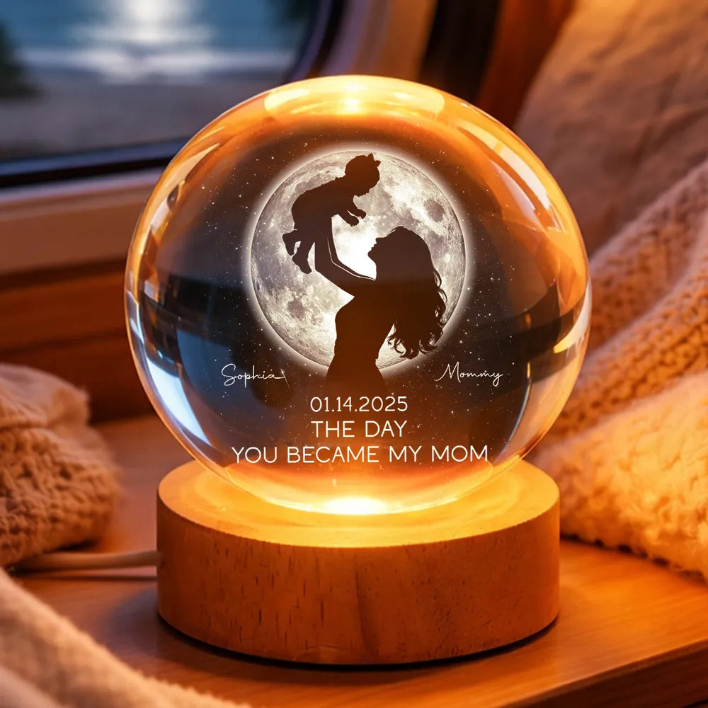 Mom Hugging Kid, The Day You Became My Mom Custom Moon Phase by Date - Personalized Crystal Ball LED Night Light - Mother's Day Gift for Mom