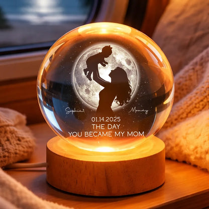 Mom Hugging Kid, The Day You Became My Mom Custom Moon Phase by Date - Personalized Crystal Ball LED Night Light - Mother's Day Gift for Mom