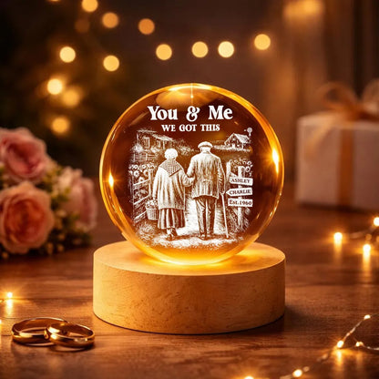 Old Couple Walking Growing Old Together - Personalized Crystal Ball LED Night Light, Heartfelt Valentine's Day Gift For Couple, For Him, For Her