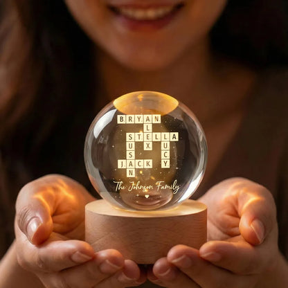 The Family Puzzle Crossword Art Home Decor - Personalized Crystal Ball LED Night Light