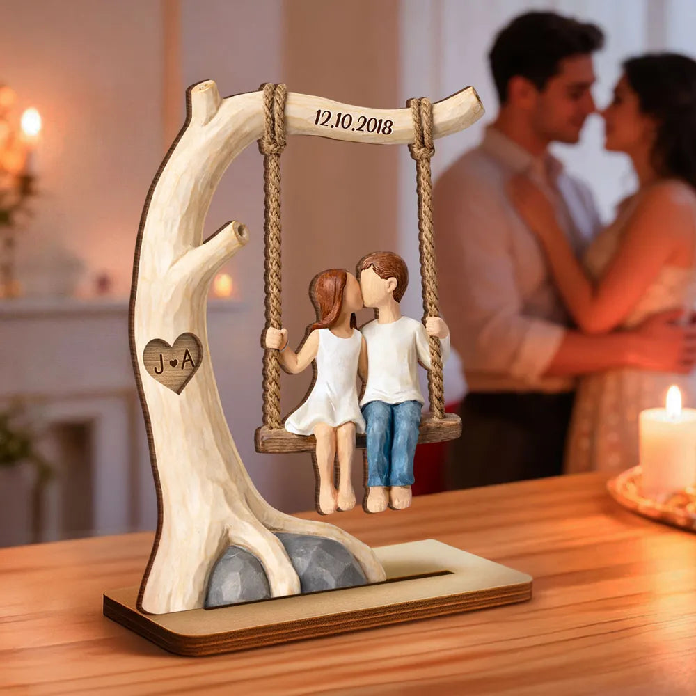 Couple Rustic Love on a Wooden Swing - Personalized 2-Layered Wooden Plaque - Sentimental Anniversary Gift, Valentine's Day Gift for Her, for Him