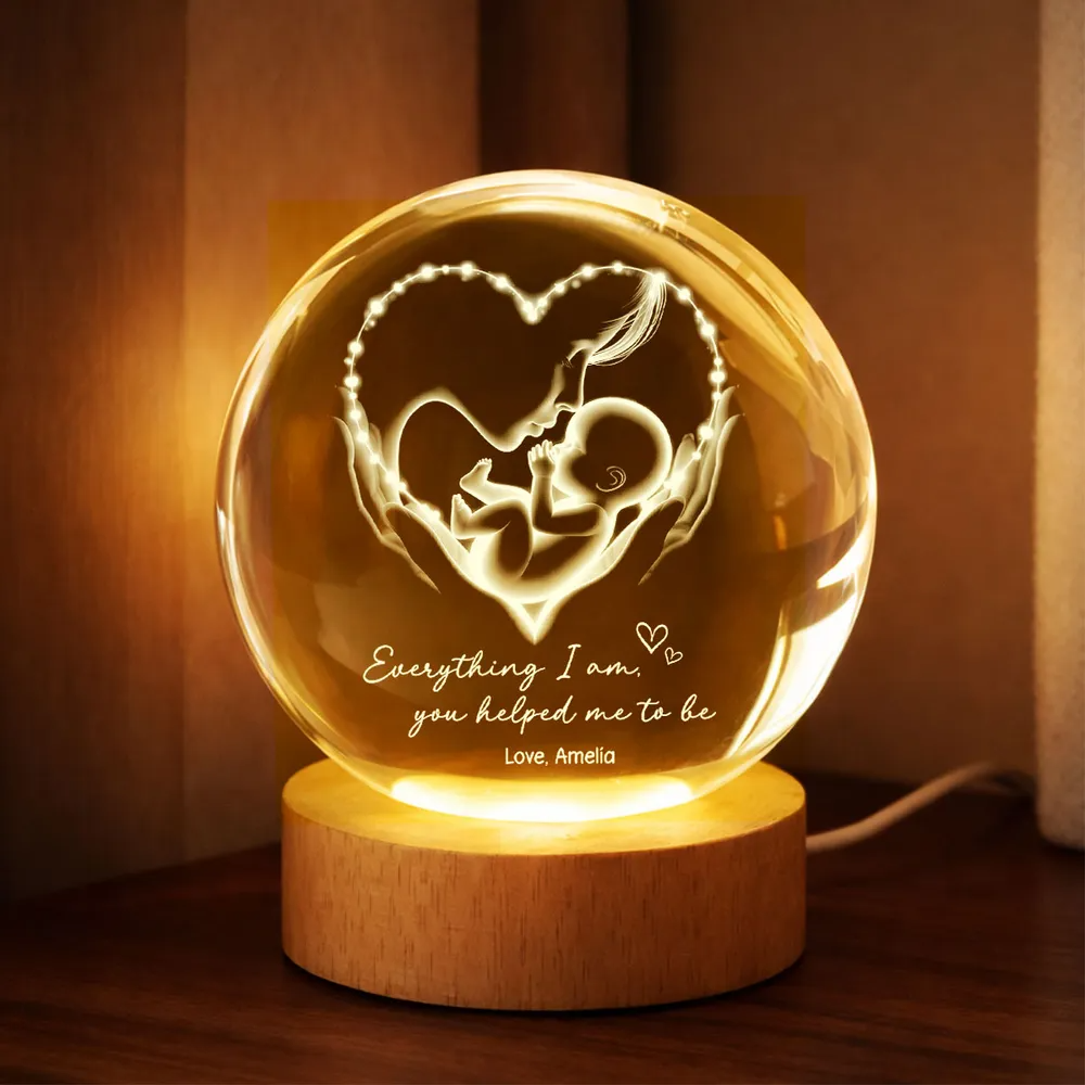 Everything I Am You Helped Me To Be Mom - Personalized Crystal Ball LED Night Light - Heartfelt Mother's Day Gift for Mom
