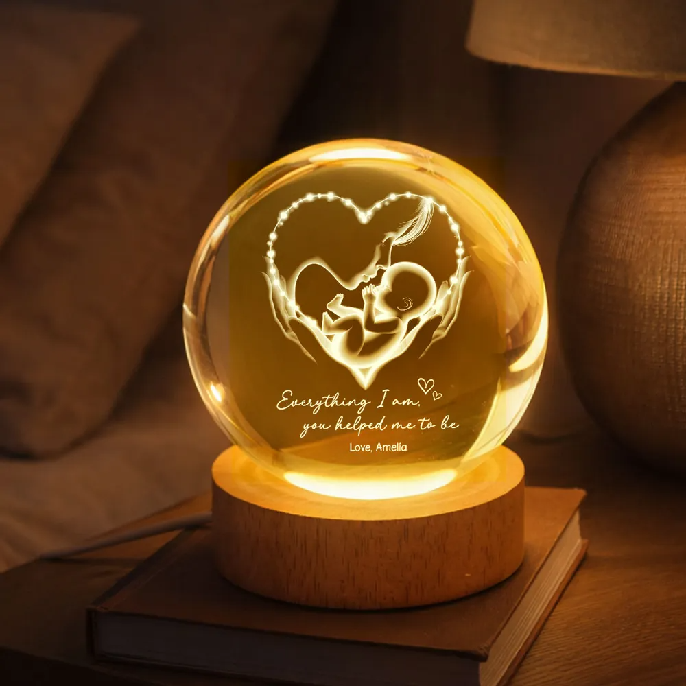 Everything I Am You Helped Me To Be Mom - Personalized Crystal Ball LED Night Light - Heartfelt Mother's Day Gift for Mom