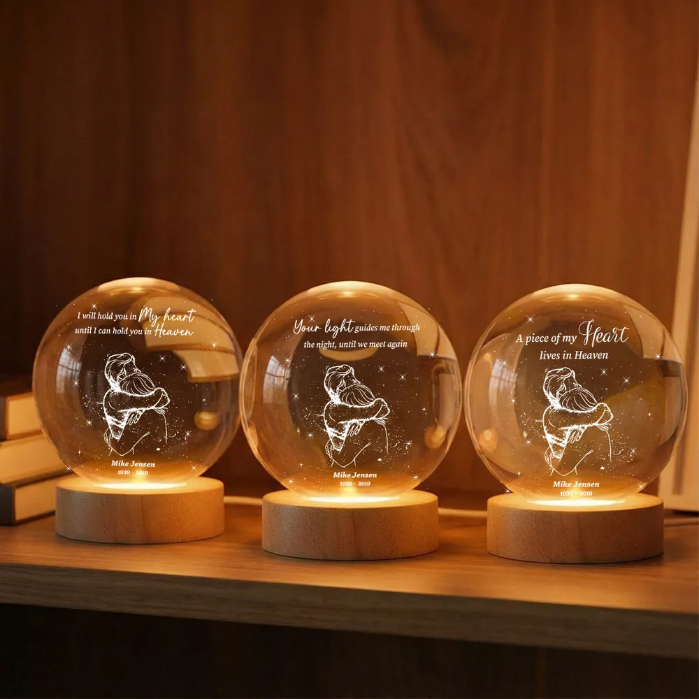 A Piece Of My Heart Lives in Heaven Couple Hugging - Personalized Crystal Ball LED Night Light - Memorial Remembrance Keepsake