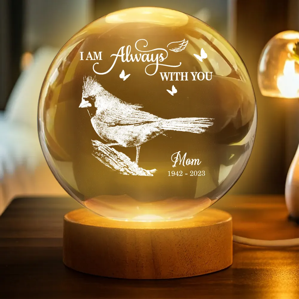 Always With You Cardinal - Personalized Crystal Ball LED Night Light - Memorial Remembrance Keepsake