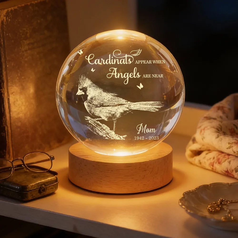 Always With You Cardinal - Personalized Crystal Ball LED Night Light - Memorial Remembrance Keepsake