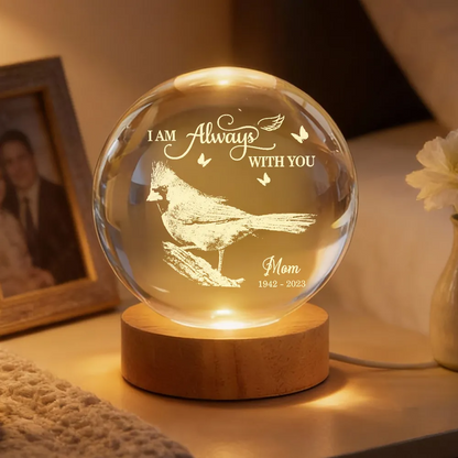 Always With You Cardinal - Personalized Crystal Ball LED Night Light - Memorial Remembrance Keepsake