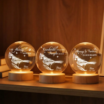 Always With You Cardinal - Personalized Crystal Ball LED Night Light - Memorial Remembrance Keepsake