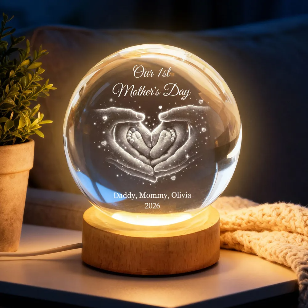 Our Family Heart Handprint - Personalized Crystal Ball LED Night Light - Sentimental Gift for Mom, Dad