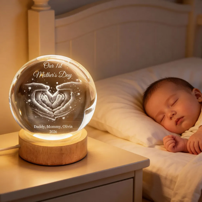 Our Family Heart Handprint - Personalized Crystal Ball LED Night Light - Sentimental Gift for Mom, Dad