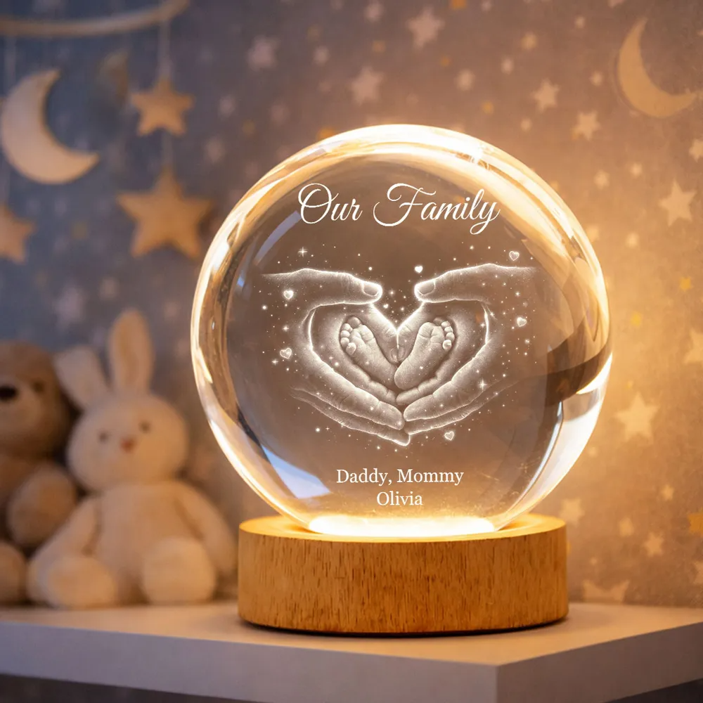 Our Family Heart Handprint - Personalized Crystal Ball LED Night Light - Sentimental Gift for Mom, Dad