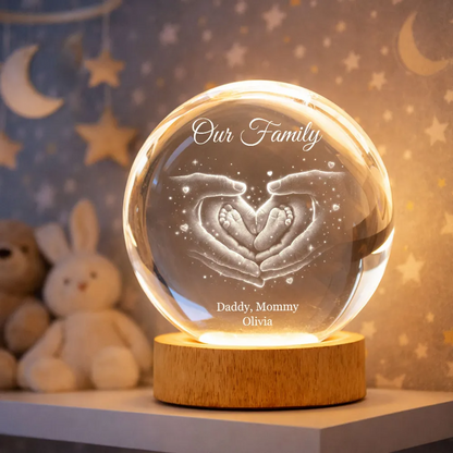 Our Family Heart Handprint - Personalized Crystal Ball LED Night Light - Sentimental Gift for Mom, Dad