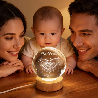 Our Family Heart Handprint - Personalized Crystal Ball LED Night Light - Sentimental Gift for Mom, Dad