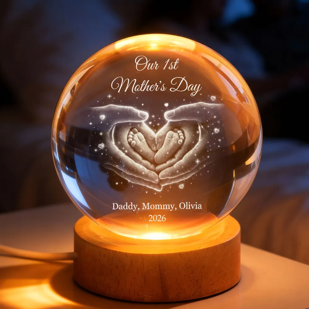 Our Family Heart Handprint - Personalized Crystal Ball LED Night Light - Sentimental Gift for Mom, Dad