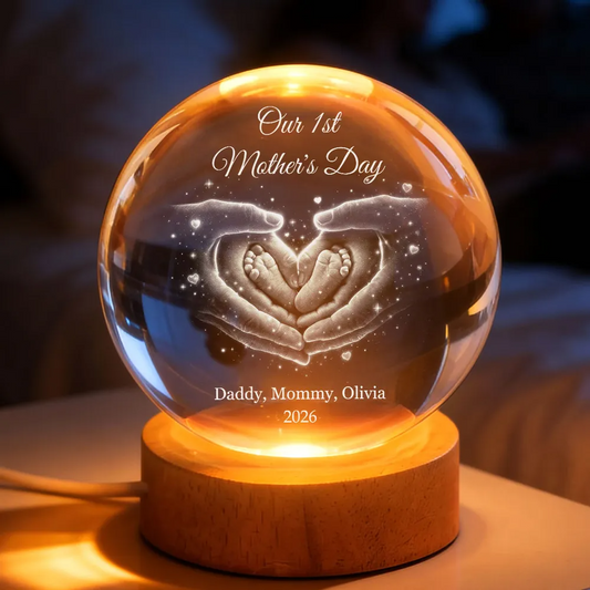 Our Family Heart Handprint - Personalized Crystal Ball LED Night Light - Sentimental Gift for Mom, Dad