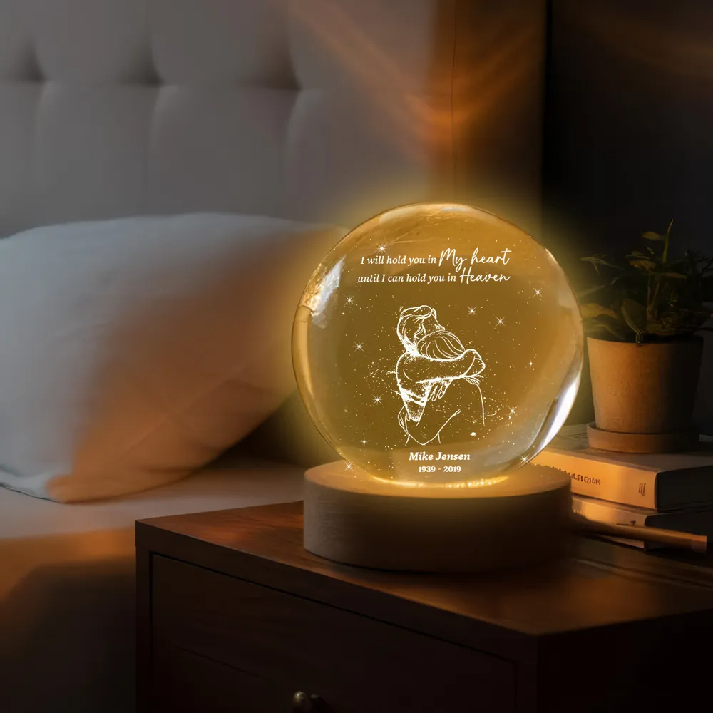 A Piece Of My Heart Lives in Heaven Couple Hugging - Personalized Crystal Ball LED Night Light - Memorial Remembrance Keepsake