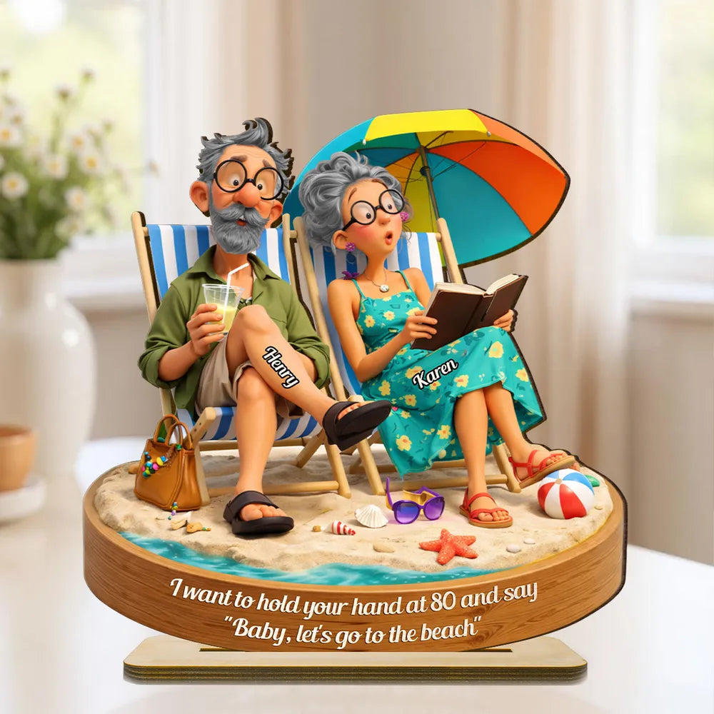 Quirky Elderly Couple On The Beach - Personalized 2-Layered Wooden Plaque - Heartfelt Anniversary, Valentine's Day Gift, Gift For Him, Gift For Her
