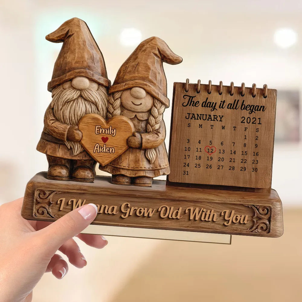 3D Effect Couple Animals Gnome Anniversary Date Calendar - Personalized 2-Layered Wooden Plaque