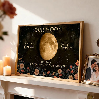 Night Sky Love Story Couple Custom Moon Phase Anniversary Date - Personalized Poster - Heartfelt Anniversary Gift, Valentine Gift, Wedding Gift For Couple