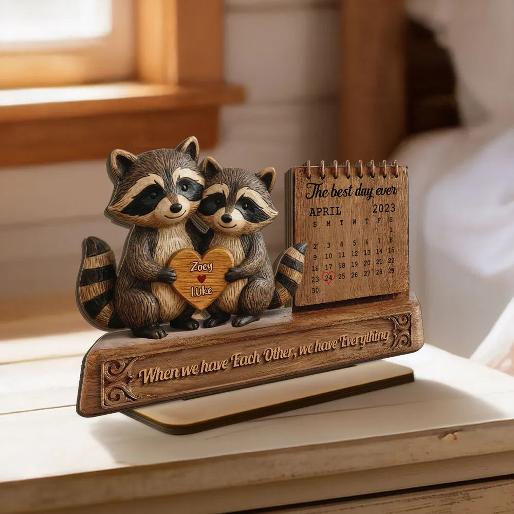 3D Effect Couple Animals Gnome Anniversary Date Calendar - Personalized 2-Layered Wooden Plaque