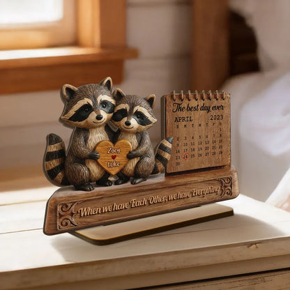 3D Effect Couple Animals Gnome Anniversary Date Calendar - Personalized 2-Layered Wooden Plaque