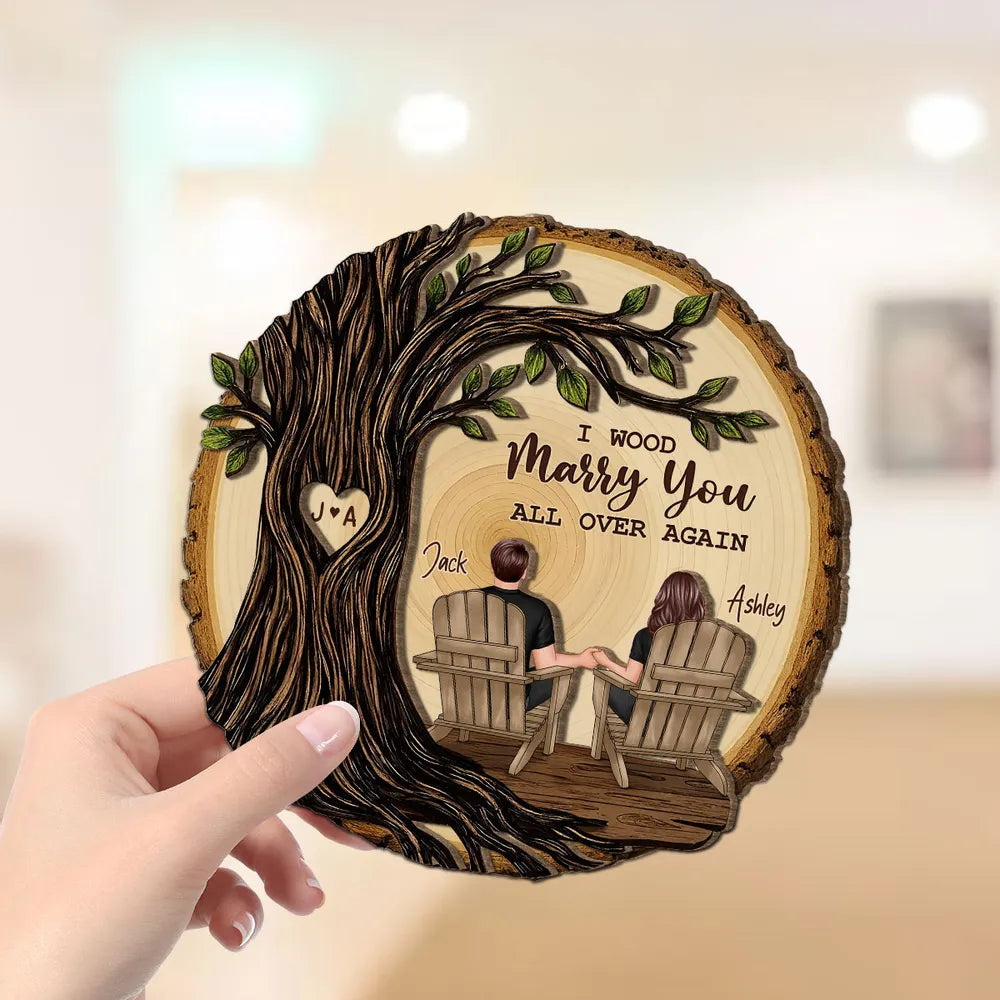 Couple Sitting Under Heart Carved Tree - Personalized 2-Layered Wooden Plaque - Valentine's Day Gift For Couple