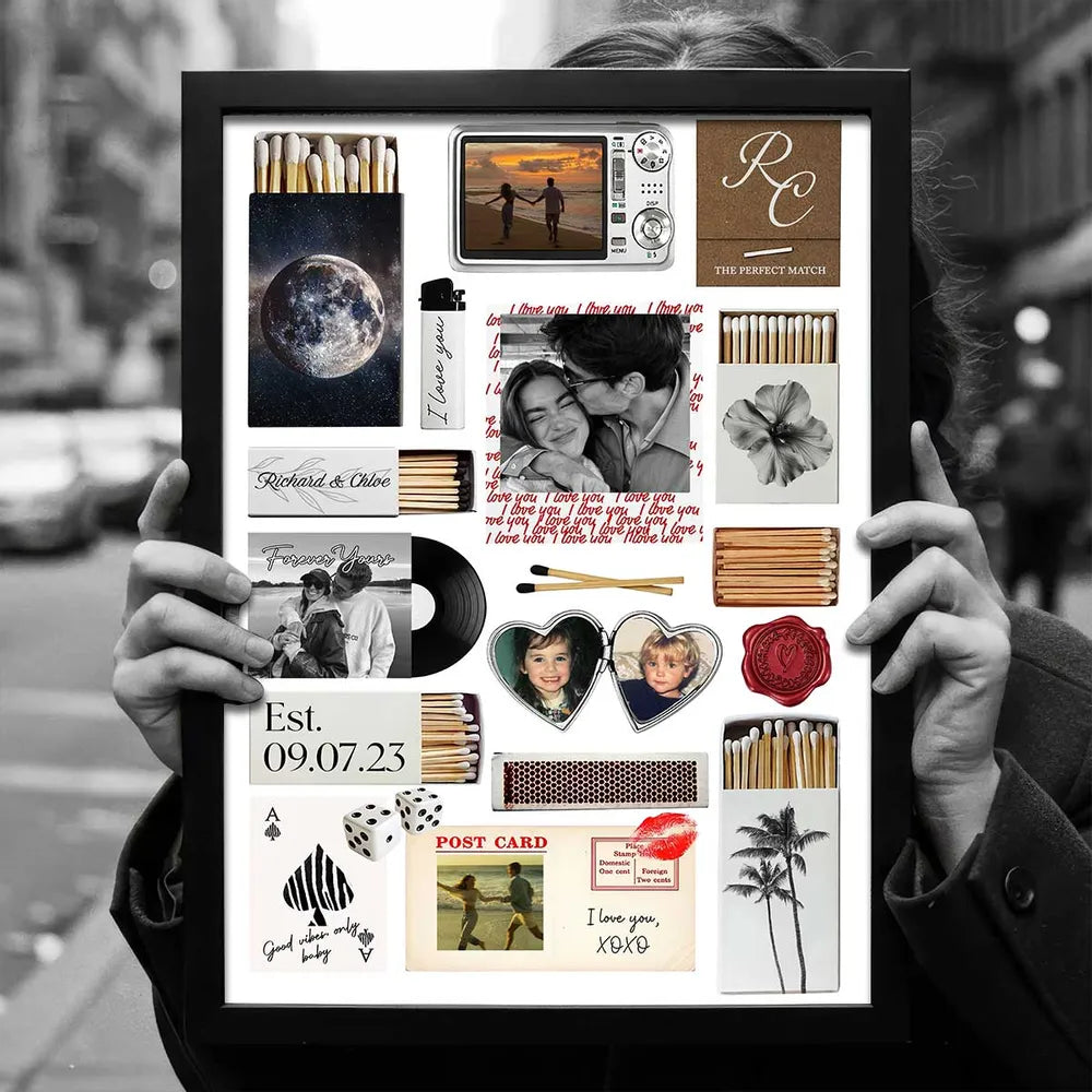 Nostalgia Couple Love Story Matchbook Collage Dopamine Decor - Personalized Poster - Heartfelt Valentine, Anniversary Gift For Him, For Her