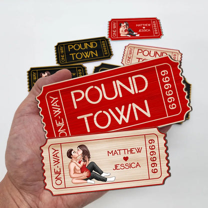 Funny Couple Pound Town Ticket - Personalized Wooden Ornament - Gift For Him, Gift For Her