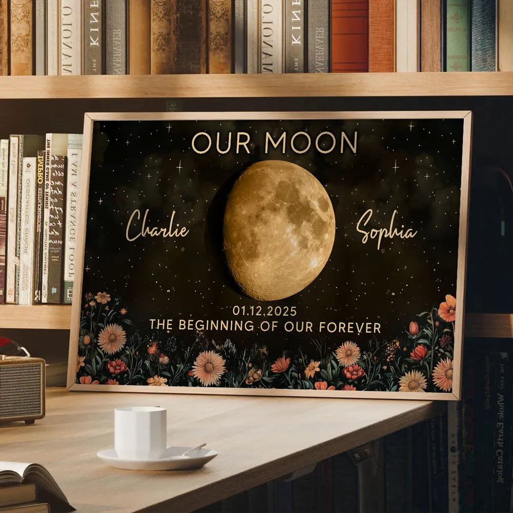 Night Sky Love Story Couple Custom Moon Phase Anniversary Date - Personalized Poster - Heartfelt Anniversary Gift, Valentine Gift, Wedding Gift For Couple