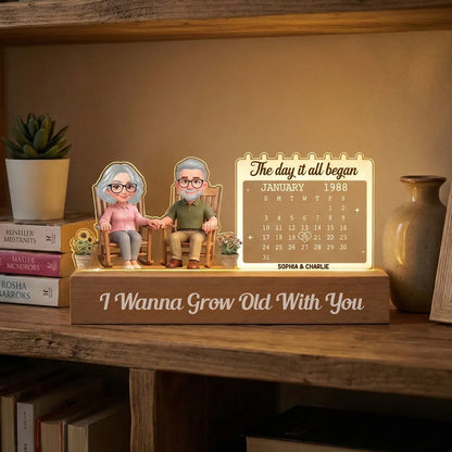 Old Couple Sitting On Rocking Chair Anniversary Date Calendar - Personalized Acrylic Block LED Night Light
