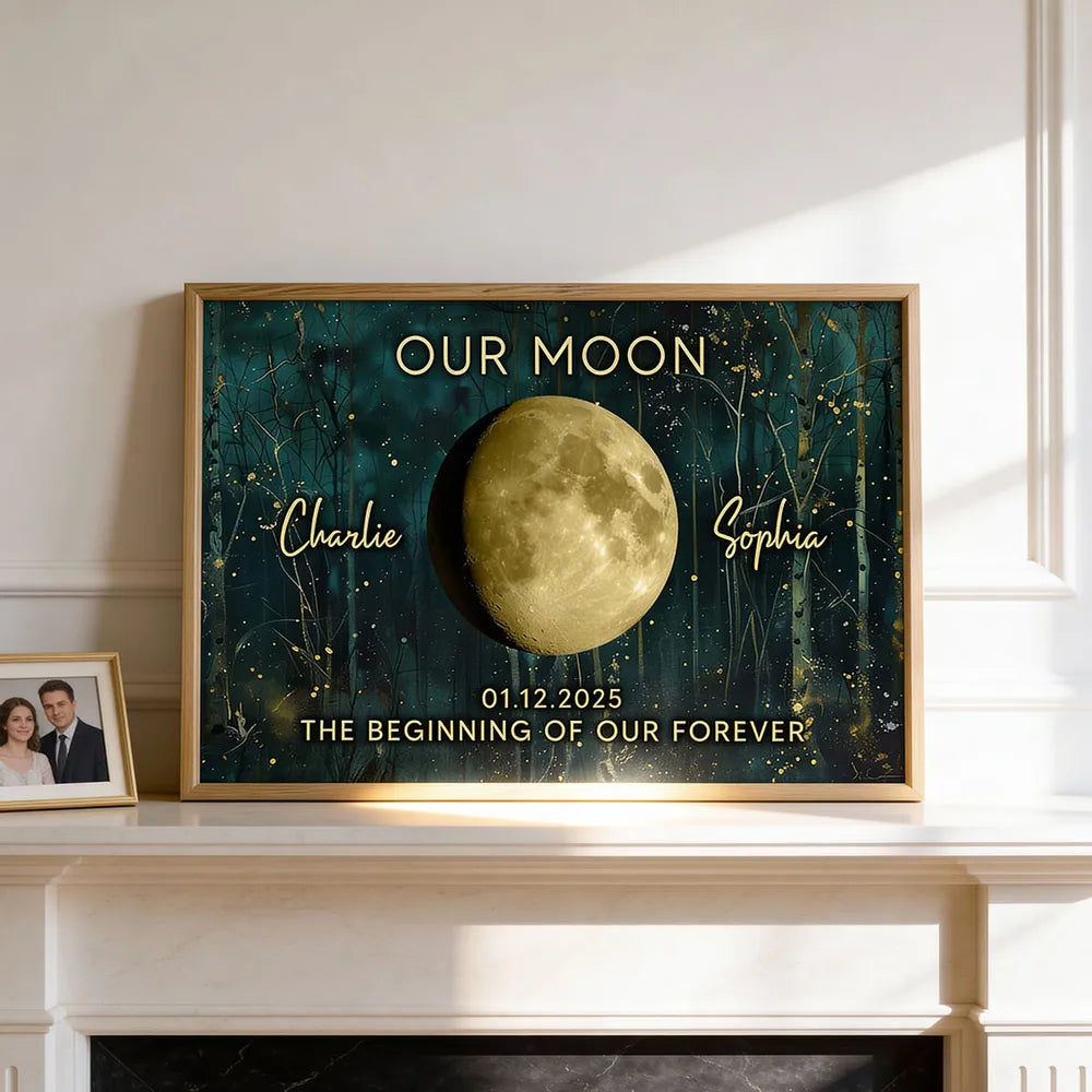 Night In The Forest Couple Custom Moon Phase Anniversary Date - Personalized Poster - Heartfelt Anniversary Gift, Valentine Gift, Wedding Gift For Couple