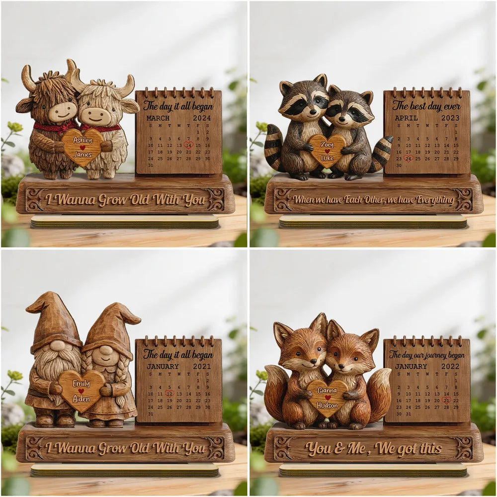 3D Effect Couple Animals Gnome Anniversary Date Calendar - Personalized 2-Layered Wooden Plaque