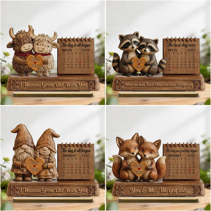 3D Effect Couple Animals Gnome Anniversary Date Calendar - Personalized 2-Layered Wooden Plaque