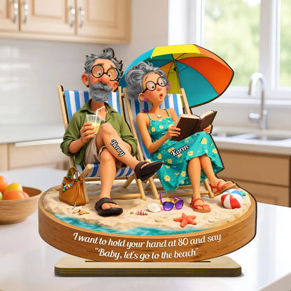 Quirky Elderly Couple On The Beach - Personalized 2-Layered Wooden Plaque - Heartfelt Anniversary, Valentine's Day Gift, Gift For Him, Gift For Her