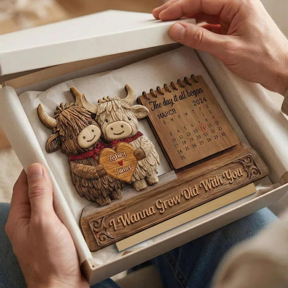 3D Effect Couple Animals Gnome Anniversary Date Calendar - Personalized 2-Layered Wooden Plaque