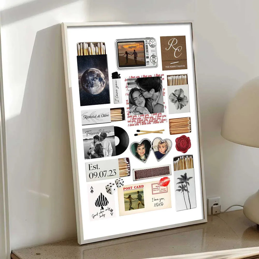 Nostalgia Couple Love Story Matchbook Collage Dopamine Decor - Personalized Poster - Heartfelt Valentine, Anniversary Gift For Him, For Her