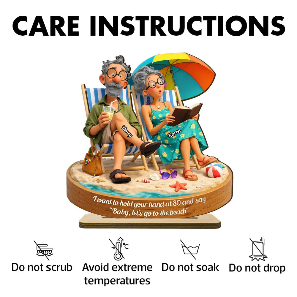 Quirky Elderly Couple On The Beach - Personalized 2-Layered Wooden Plaque - Heartfelt Anniversary, Valentine's Day Gift, Gift For Him, Gift For Her