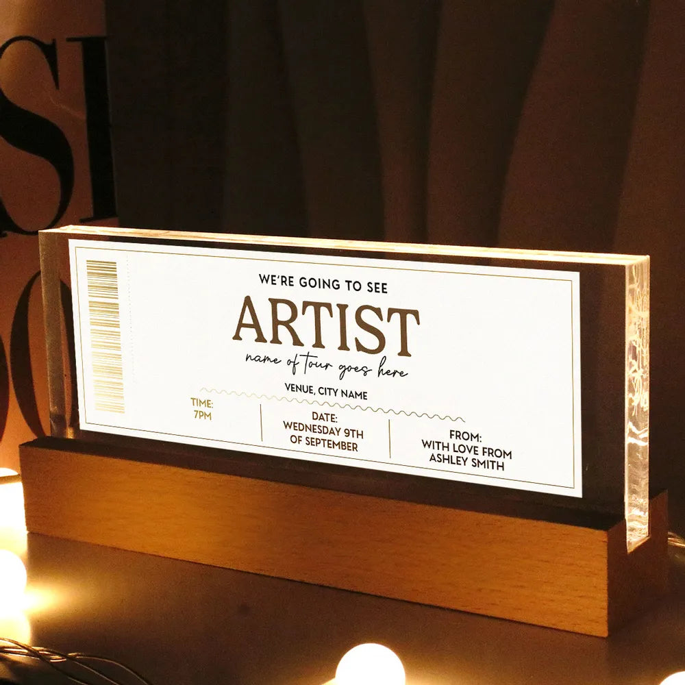 Custom Concert Ticket - Personalized Acrylic Block LED Night Light - Surprise Valentine's Day Gift for her, for him