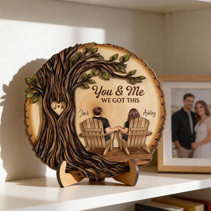 Couple Sitting Under Heart Carved Tree - Personalized 2-Layered Wooden Plaque - Valentine's Day Gift For Couple
